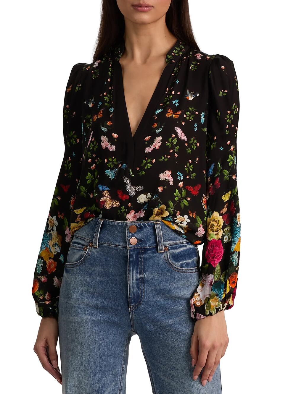 Alice and Olivia Black Floral Viscose Helen Blouson Sleeve Button Blouse Size XS